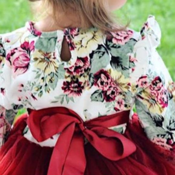 Burgundy Fall Long Sleeve Thanksgiving Dress Girl Outfit Clothes Dress - Picture 4 of 11